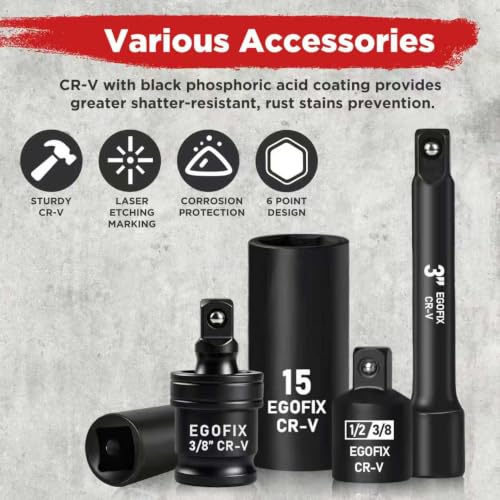 3/8" Impact Socket Set 67PCS, SAE & Metric Socket Set with Shallow & Deep Sockets, with Ratchet Wrench, Swivel Sockets, Extension Bars, Adapters, Impact Universal Joint, Spinner Handle - color: 3/8-67pcs