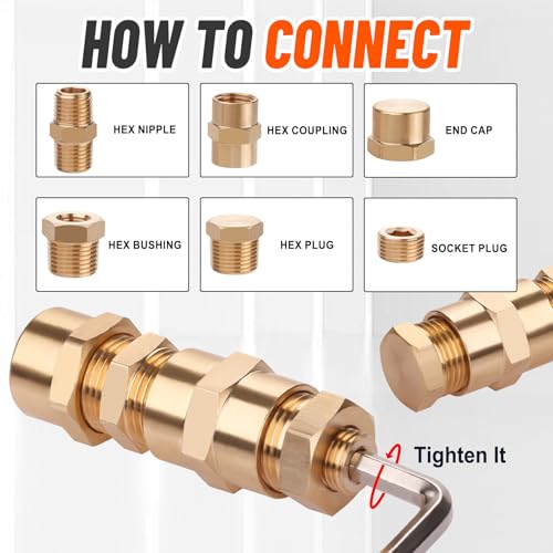 60Pcs Brass Pipe Fittings Assortment Kit,1/8" 1/4" 3/8" 1/2" NPT | Reducer Bushing,Hex Nipple,Reducing Hex Coupling,Hex Heand Plug,End Cap and Socket Plug Fitting Kit
