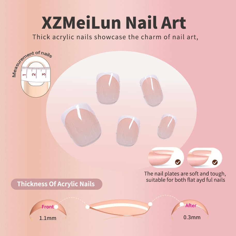 White French Tip Press On Nails, Extra Short Square Designer, Reusable Acrylic Fake Nails with Glue, Glossy Soft Gel Nails for Wedding and Party, Stick On Glue On Nails for Women - Gift - color: DZ020- Extra Short French, size: 24 Pieces (Pack of 1)