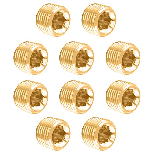 Glarks 10Pcs Brass 1/8'' NPT Male Pipe Plug Fitting Set Internal Hex Thread Socket Pipe Plug Kit - size: 1/8''NPT