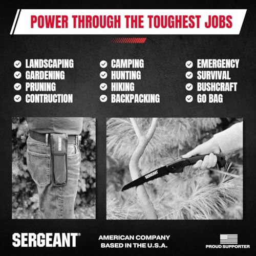 SERGEANT Folding Hand Saw with Pouch. Pruning hand saw. Best for Wood, Bone, PVC, Tree Pruning, Gardening, Camping, Hunting, Outdoors, Tool Box. Rugged 7" Steel Blade & Slip-Resistant Rubber Grip.