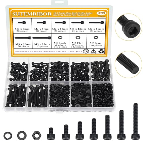 555 Pieces M3 Screws Nuts Washers Set Black, Sutemribor M3 x 6/8/10/12/16/20/25mm Hex Socket Head Cap Screws Nuts Washers Assortment Kit, 12.9 Grade Alloy Steel, Fully Threaded - size: M3 x 6-25mm, style: Socket Head