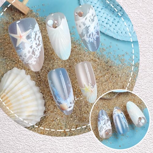 3D Color Press on Nails Almond - Medium Fake Nails with Embossed Starfish&White Bead Designs, Glossy Finish Reusable False Nails for Women Manicure(3D Embossed design 14) - color: 3D Embossed design 14