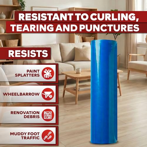 XFasten Floor Protection Film, 24-Inch x 200-Foot Roll, 3 mils, Blue Self-Adhesive Plastic Film Protector for Hardwood Floor |Residue-Free Painting and Construction Sticky Floor Protective Film Roll