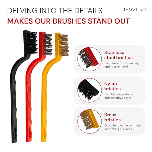 Small Wire Brush 3 Set of 3 Pcs - Wire Brushes for Cleaning Rust, Dirt, Paint - Wire Brushes of Stainless Steel/Nylon/Brass Bristles - Metal Brush for Cleaning Small Parts & Spaces with Curved Handle