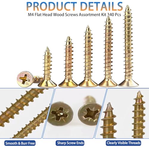 M4 Wood Screws Assortment Kit 340 PCS, Phillips Flat Head, Yellow Zinc Plated Steel, Sheet Metal Screws, Self Tapping, Full Threaded, 7 Sizes in Total (12mm/14mm/16mm/20mm/25mm/30mm/50mm)
