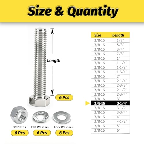 6 Sets 3/8-16x3-1/4 Bolt and Nut Set, Flat & Lock Washers Included,24PCS - size: 3/8-16x3-1/4" 6sets