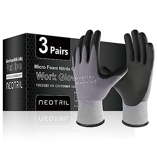 NEOTRIL Safety Work Gloves MicroFoam Nitrile Coated-3/6/12/36 Pairs,Breathable Nylon Working Gloves for Men Women - color: 3 Pairs/ Grey