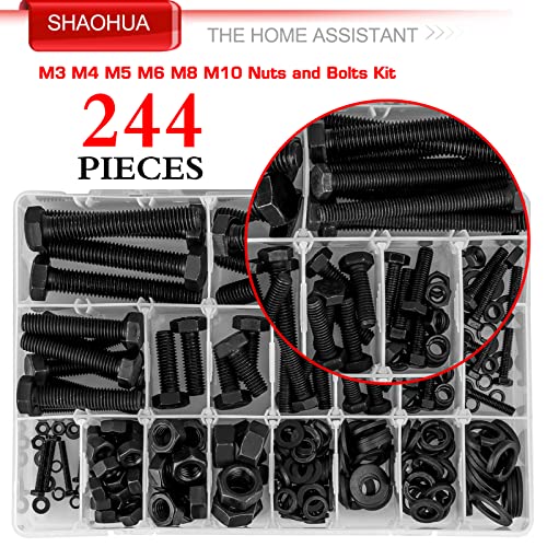 244PCS Hex Head Nuts and Bolts Assortment Kit, M10 M8 M6 M5 M4 M3 Metric Bolt Assortment, Screws and Nuts, Metric Bolt Kit, Grade 8.8 Alloy Steel Black Bolts and Nuts Kit with Lock & Flat Washers - size: B. M3 M4 M5 M6 M8 M10