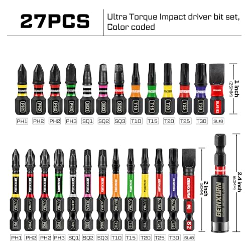 Geinxurn 27 Piece Impact Screwdriver Bits Set, 1"/2" Phillips/Torx/Square/SL Magnetic S2 Steel Driver Bits and Impact Bit Holder with Color Coded Base - size: 27pcs