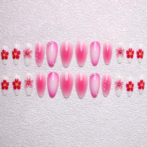 Press on Nails Almond - Medium French Tip Fake Nails with Embossed Designs, Glossy Finish Reusable False Nails with Glue Tabs - 24Pcs Nail Kit for Women Manicure (3D Embossed design 17) - color: 3D Embossed design 17