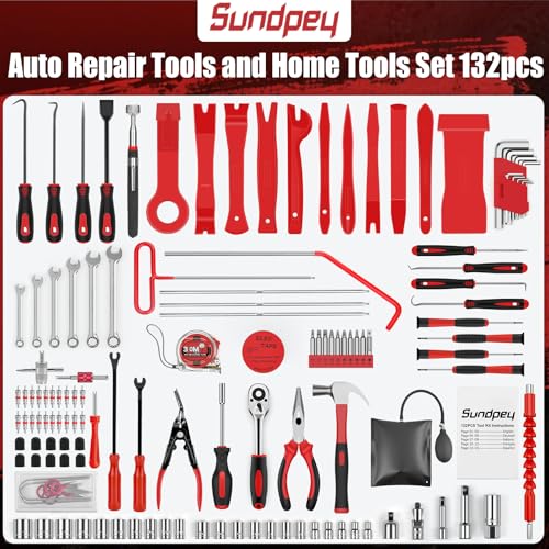 Sundpey 132-PCs Car Tool Kit - Portable General Basic Home and Automotive Repair Tool Set with Drawer for Men Women with Hook & Pick & Fastener & Valve Stem Removal Tools for RV Truck Motorcycle Bike - style: Portable