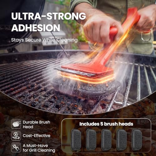 ThermoMaven BBQ Grill Brush Bristle Free - 17" Safe Steam Grill Cleaner Brush with Scraper and 5 Brush Heads for Porcelain/Gas/Charcoal Grill Outdoor Grill Barbecue Cleaner - size: Red 5pcs-Medium