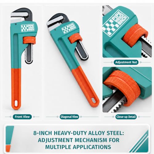 Heavy Duty Pipe Wrench, 8" Adjustable Straight Plumbing Wrench, High Drop-Forged jaws, Professional Pipeline Tool for Water Pipe Fittings, Mechanical assembly, Workshop Operations - size: 8inch