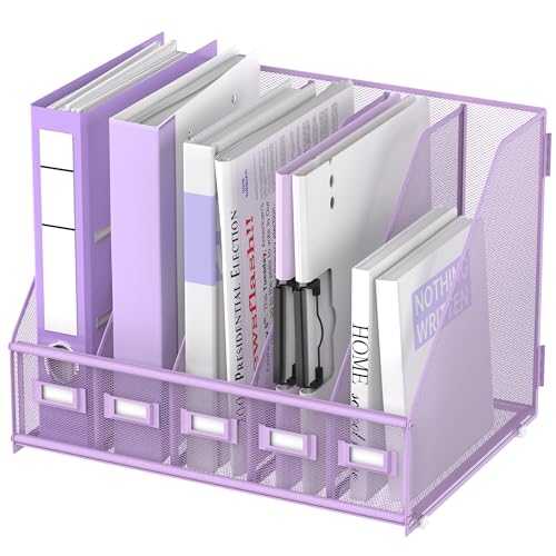 SUPEASY Desk Organizers Metal Desk Magazine File Holder with 5 Vertical Compartments Rack File Organizer for Office Desktop, Classroom, Home Workspace, Purple Plus - color: Purple, size: Large
