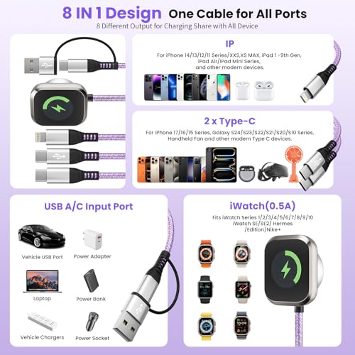 Dual Type-C 4 in 2 Multi Charging Cable for iWatch Charger Multiple Devices - color: Lilac, size: 2Pack5FT