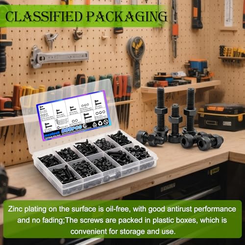 mxuteuk 888PCS Metric Screws Assortment,M4 M3 M2.5 M2 Screws Kit, Suitable for 3D Printing DIY, Grade 12.9 Alloy Steel Hex Socket Head Cap Bolts Nuts and Washers Kit, Black Zinc Plated - size: 888PCS M2 M2.5 M3 M4