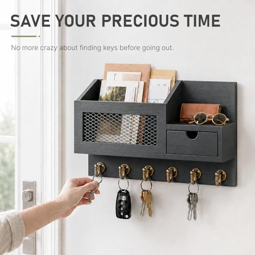 FifthQuarter Key Hooks for Wall with Drawer and 6 Sturdy Key Hooks, B-Black - color: B-Black