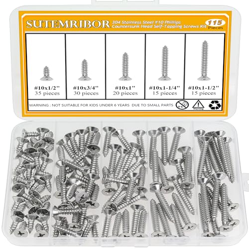 115 Pieces #10 x 1/2" 3/4" 1" 1-1/4" 1-1/2" Wood Screws Set, Phillips Countersunk Head #10 Self-Tapping Screws Assortment Kit, 304 Stainless Steel - size: #10, style: Phillips Countersunk Head