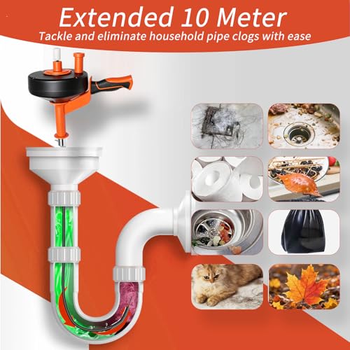 Drain Auger 33FT, Drain Snake with Drill Attachment, Flexible Plumbing Snake Clog Remover, Heavy Duty Manual Drain Cleaner Tool for Kitchen Bathroom Shower Sink, Includes Gloves & Cleaning Brush