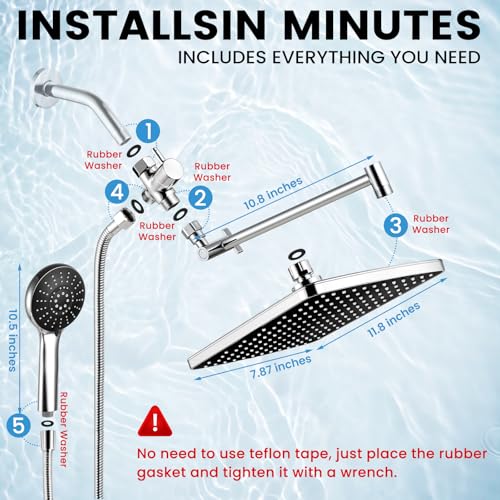 Shower Head with Handheld,High Pressure Chrome Rain Shower Head - color: A-Chrome, style: Rectangular 12"