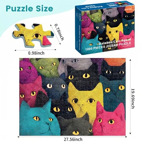 1000 Piece Puzzle for Adults, Colorful Whimsical Cat Faces Illustration - color: Rainbow Cats Squad