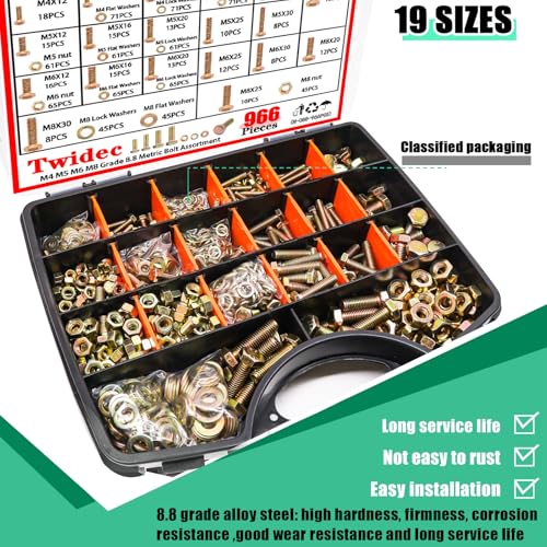 Twidec/966PCS Metric Bolt Assortment,Grade 8.8 Hex Head Bolts and Nuts Kit - color: Golden 966PCS M4 M5 M6 M8