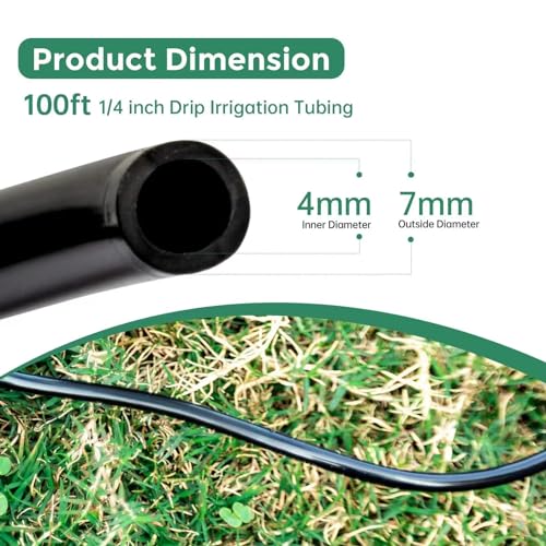 Maotong 100FT 1/4 inch Drip Irrigation Tubing Distribution Hose Tube for Garden Irrigation System (Includes 1 pack 6-Way Connector and 20pcs 1/4" Tee Splitters and End Plugs) - size: ‎100FT 1/4" Tubing