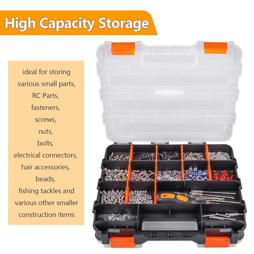 HobbyPark RC Hardware Organizer Box Adjustable Compartments Removable Dividers Durable Plastic Double Side Tools Box Screw Organizer For Nuts, Bolts, Screws, Nails, Small Parts, Tools - size: 12.75" x 10.63" x 3.15"