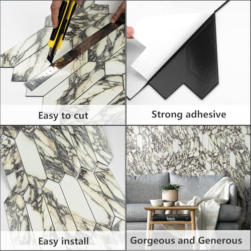 Vamos Tile Glossy Marble Purple Backsplash Tile Peel and Stick, 12.8 x 12.8 Inch 10 Sheets Long Hexagon PVC Self Adhesive Mosaic Wall Tiles Stick on Backsplash for Kitchen and Bathroom - color: Glossy Marble Purple