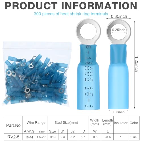 Ecally 300 Pcs Heat Shrink Ring Terminals Waterproof Wire, Blue, Ring #10 - color: Blue, size: Ring #10