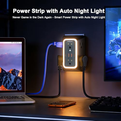 Wall Outlet Extender with Night Light, Power Plug Adapter 6 Outlet Extender with 4 USB Charging Ports（2 USB C）,1050J Power Strip Multi Plug Adapter Spaced for Home Office Travel-Black-ETL - color: Black-1Pcs