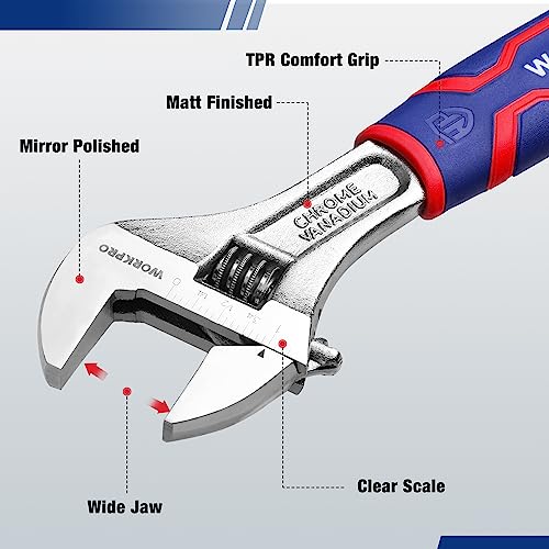WORKPRO 8-Inch Adjustable Wrench, Wide Jaw, Metric/SAE Scales | Rubber Anti-Slip Grip, Premium Cr-V Steel, Chrome-Plated Finish for Strength and Corrosion Resistance - size: 8 inch
