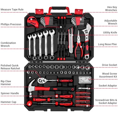 DEKOPRO Tool Set:158 Piece Home Tool Kit, Household Basic Repair Tool Set Comes with Plastic Storage Case-Red - color: Red