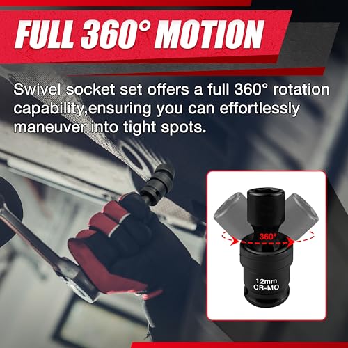 18PCS 1/2" Drive Shallow Universal Impact Socket Set,Swivel Socket Set,Metric Flexible Wobble Sockets, CR-MO,10-24mm, 3", 6" Extension Bar, Adapter,6 Point - size: 18 PCS (3/8"-1")