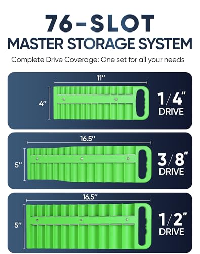 Reniteco 3-Piece Magnetic Socket Organizer Tray, for 1/2'', 3/8 '', 1/4'' Drive Metric/SAE Hold up to 76 Sockets, Heavy-Duty Socket Holder with Handle & Magnetic Base, Sockets Not Included - color: Green