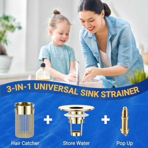 Bathroom Sink Drain Strainer, Pop-Up Bathroom Sink Stopper with Removable Stainless Steel Hair Catcher Basket, Universal Fit for US Bathroom Sinks, Showers & Floor Drains (2pcs-Gold) - color: 2pcs-gold
