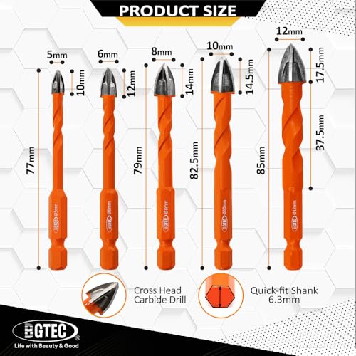 BGTEC Diamond Cemented Carbide Drill Bits Masonry Drill Bits, 5pcs Quick-fit Shank 5/6/8/10/12MM Cross Spiral Hard Alloy Drill Bit for Wood Plastic Masonry Ceramic Tile Concrete Marble - size: 5pcs 5/6/8/10/12MM