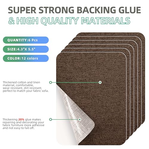 Azobur Coarse Linen Repair Patches, 6 Piece Self-Adhesive Linen Fabric Patches, Multi Color, Can be Used for Linen Sofa Repair and Linen Clothes Repair, Quick Fix Sofa.(Dark Brown) - color: Linen - Dark Brown