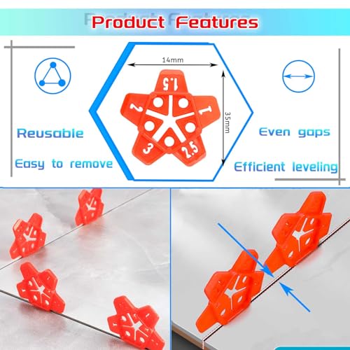 Tile Spacers 300pcs Reusable Multi Size Horseshoe U Shape Plastic Shims Upgraded 5 Sizes in 1 Spacer Tile Cross Spacer Floor Tile Leveling, Suit for 1-1.5-2-2.5-3mm(1/32)(1/16'')(5/64)(3/32)(1/8")Gap