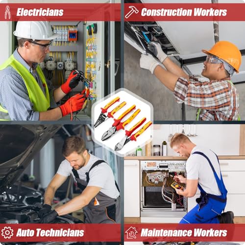 3 PCS Insulated Pliers Set, 1000V Insulated Electrical Tools Kit with Wire Stripper, Linesmen & Diagonal Cutters, VDE Certified