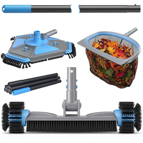 UIRWAY 4-in-1 Deluxe Swimming Pool Cleaning Kit - Includes Upgrade Triangular Pool Vacuum Head, Detachable Brush, Deep Leaf Skimmer Net, Adjustable Aluminum Pole Inground & Above Ground Pools - size: 13.7" Vacuum Head