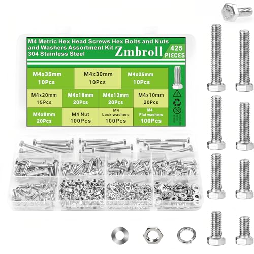 M4 Hex Bolts 425Pcs External Hex Drive Screws Metric Heavy Duty Hexagon Cap Bolts Nuts Flat Lock Washers M4x8/10/12/16/20/25/30/35mm 304 Stainless Steel Fully Thread Machine Bolt - size: M4