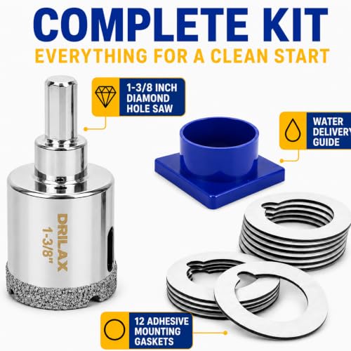 Drilax 1-3/8 Inch Diamond Hole Saw Kit with Water Guide for Countertops - size: 1-3/8 inch