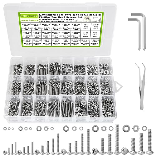 1059Pcs Nuts and Bolts Assortment Kit Phillips Pan Head #2-56#4-40#6-32#8-32#10-24#12-24 Machine Screws, K Kwokker 26 Sizes 304 Stainless Steel Screws Nut and Bolt Assortment with Screw Organizer - size: A. #2-56 - #12-24