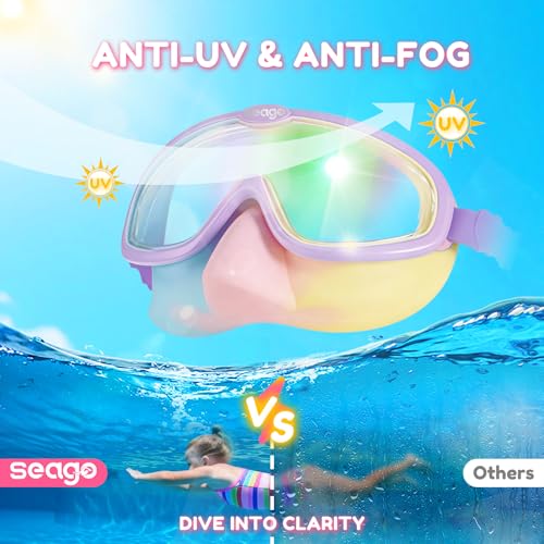Seago Kids Swim Goggles with Nose Cover 2 Pack for 3-14 Anti-Fog Clear View - color: Pink & Purple
