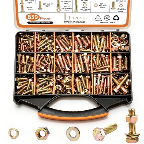 859PCS Grade 8 SAE Bolt Assortment Kit with Storage Box, Heavy-Duty Yellow Zinc Plated Alloy Steel Hex Bolt Set, Nuts with Flat & Lock Washers (1/4-20,5/16-18,3/8-16,1/2-13) for Home Improvement - size: 859pcs 1/4-20,5/16-18,3/8-16,1/2-13
