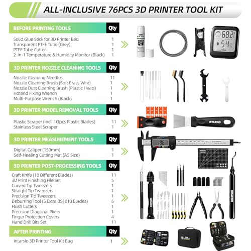 76pcs 3D Printer Tools Kit with Bag, 3D Printer Accessories includes Digital Caliper, Hygrometer, PTFE Tube Kit, Deburring Tool, Scrapers, Nozzle Cleaning, for Bambu Lab, Ender 3, FDM/SLA Printers etc - style: Ultra 3D Maker Version