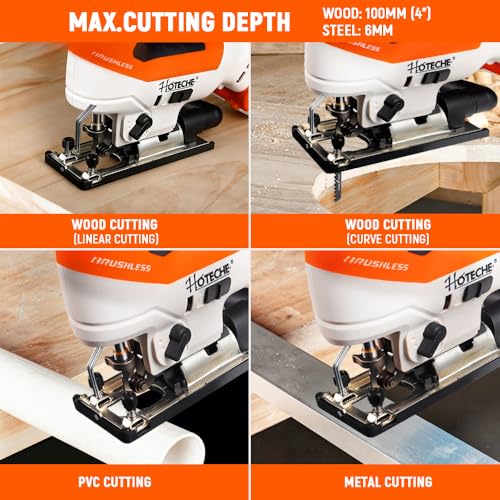 Hoteche Cordless Brushless Jigsaw - 4.0Ah Battery, 1000-3000RPM, 25.4mm Stroke, Fast Blade Change, 3 Orbital Settings, with Charger & Accessories