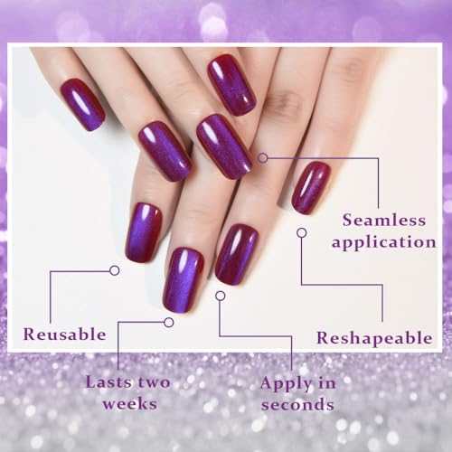 Purple Red Reflective Blue Press On Nails - Cat Eye Medium Square Magnetic Acrylic Fake Nails, Stylish Design, Salon-Quality Shiny Finish, Reusable Stick On Nails Kit for Women (No Glue) - color: ZF335, size: 24 pieces (Pack of 1)